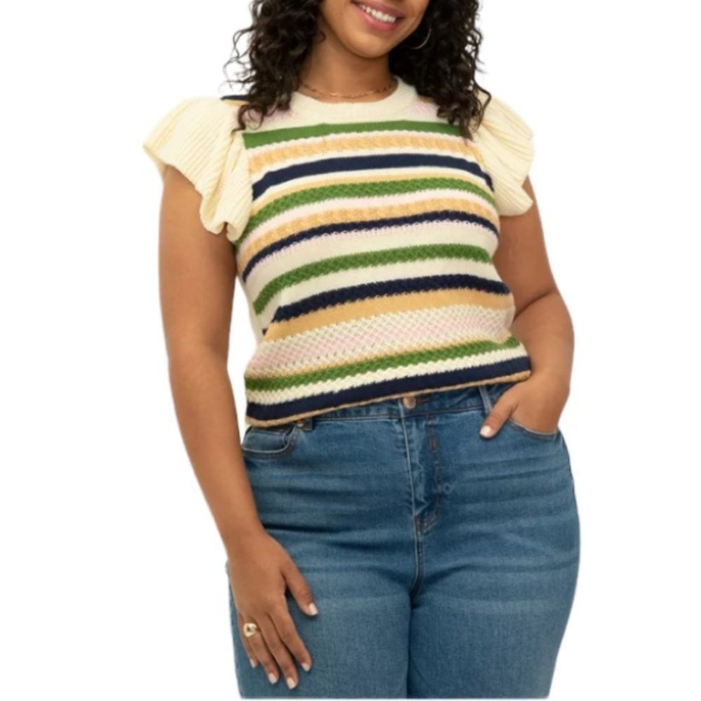 ELOQUII Cream Ruffle Sleeve Top With Black, Green, Pink,Gold Stripes(Size 18/20)